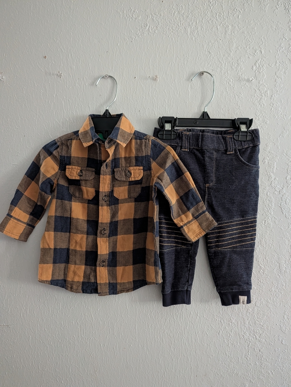 Toddler Plaid Button-Up Shirt & Knit Joggers - Mustard & Navy